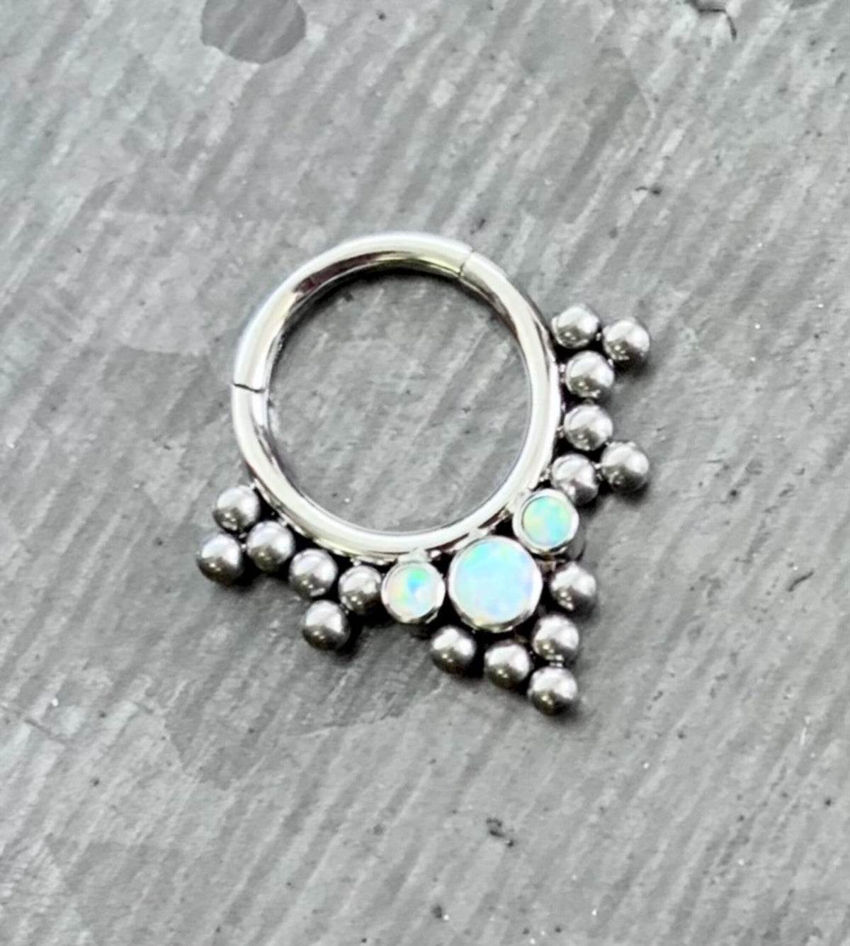 1pc Implant Grade Titanium 3 Bezel Set Opals with Beads Hinged Septum Ring, Blue or White - Gauge 16g - 5/16" (8mm) available!