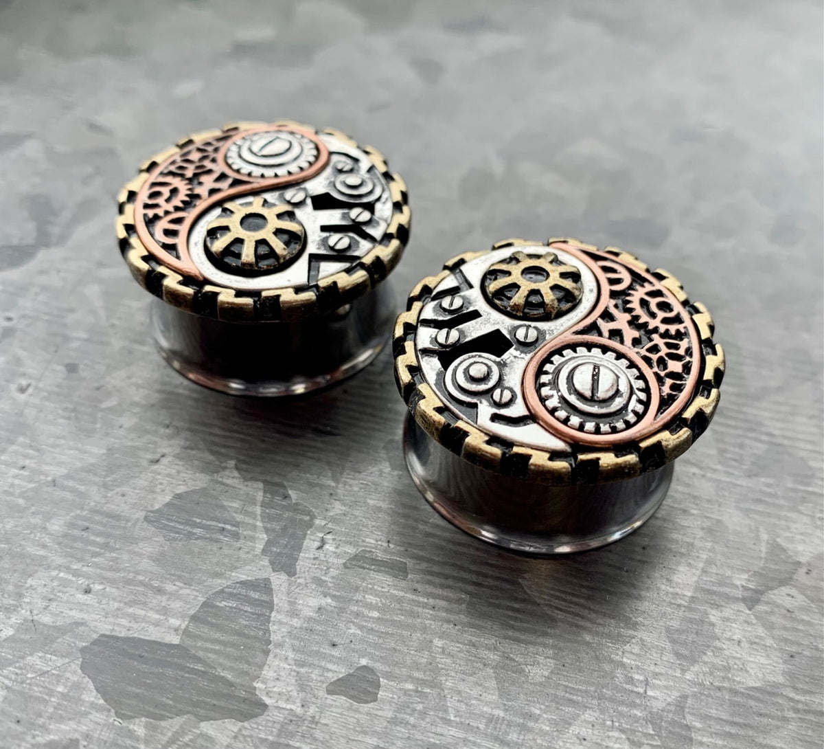 PAIR of Unique Steampunk Yin-Yang Surgical Steel Double Flare Tunnels/Plugs - Gauges 2g (6mm) thru 1" (25mm) available!