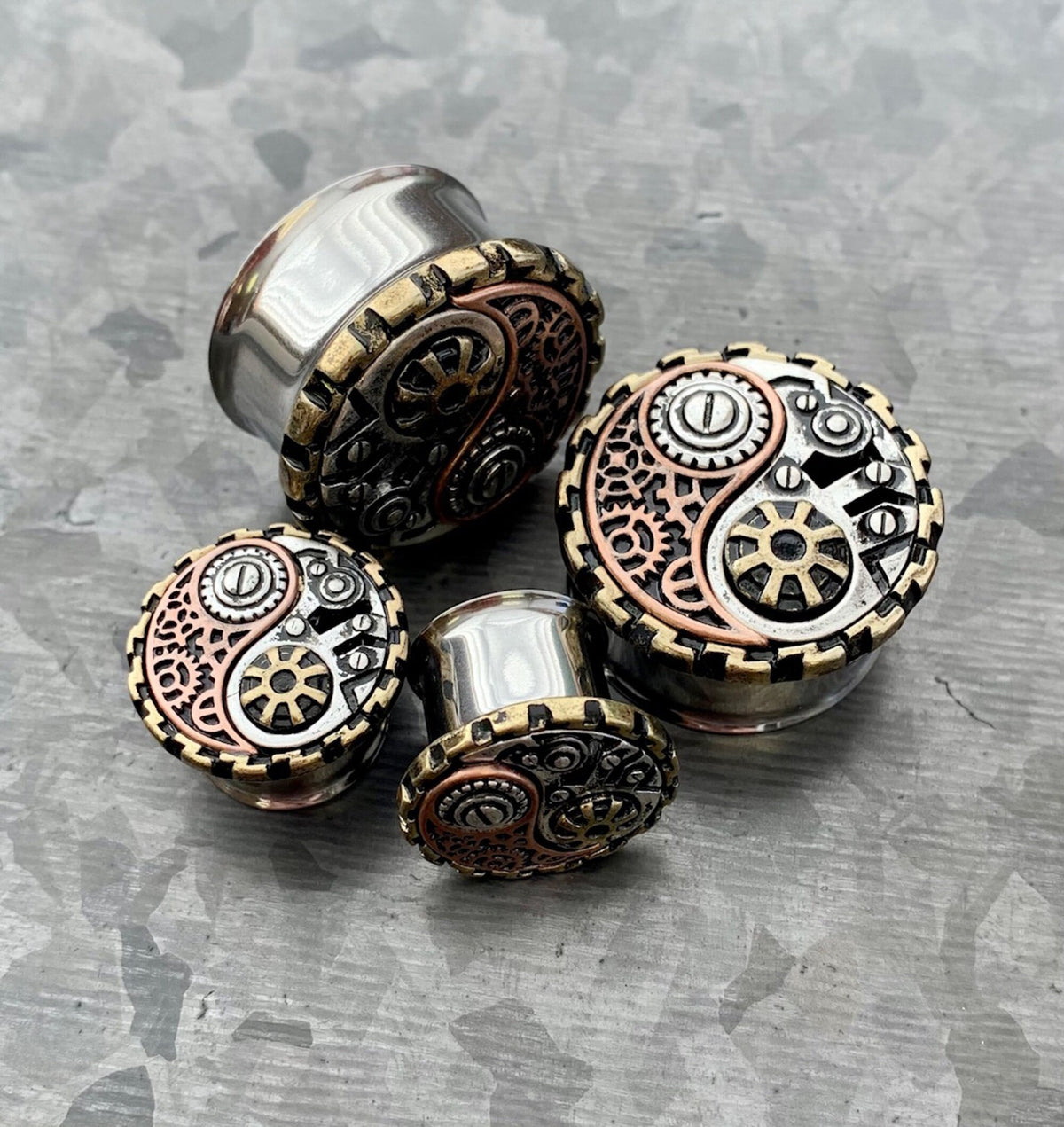 PAIR of Unique Steampunk Yin-Yang Surgical Steel Double Flare Tunnels/Plugs - Gauges 2g (6mm) thru 1" (25mm) available!