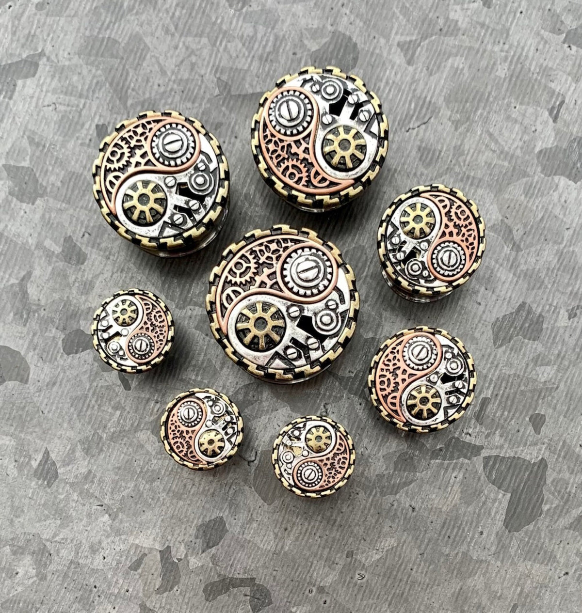 PAIR of Unique Steampunk Yin-Yang Surgical Steel Double Flare Tunnels/Plugs - Gauges 2g (6mm) thru 1" (25mm) available!