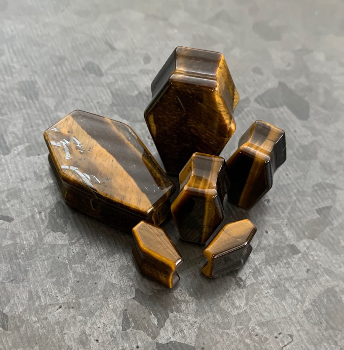 PAIR of Unique Coffin Shaped Organic Tiger Eye Double Flare Stone Plugs - Gauges 2g (6mm) to 1" (25mm) available!