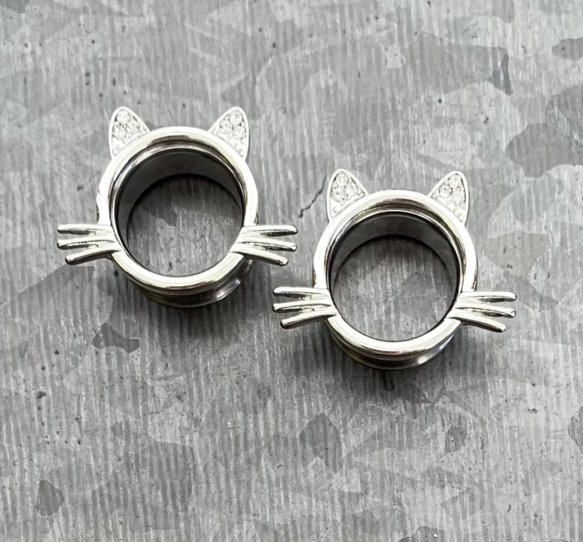 PAIR of Unique Kitty Cat Double Flare Tunnels/Plugs with Gem Ears & Whiskers - Gauges 2g (6mm) thru 5/8" (16mm) available!