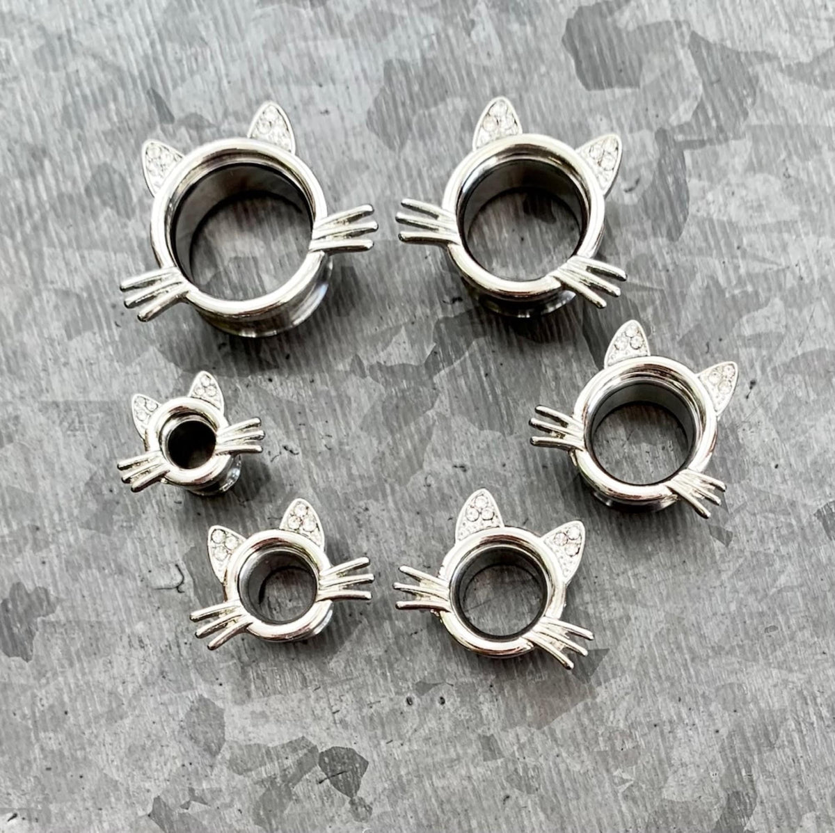 PAIR of Unique Kitty Cat Double Flare Tunnels/Plugs with Gem Ears & Whiskers - Gauges 2g (6mm) thru 5/8" (16mm) available!