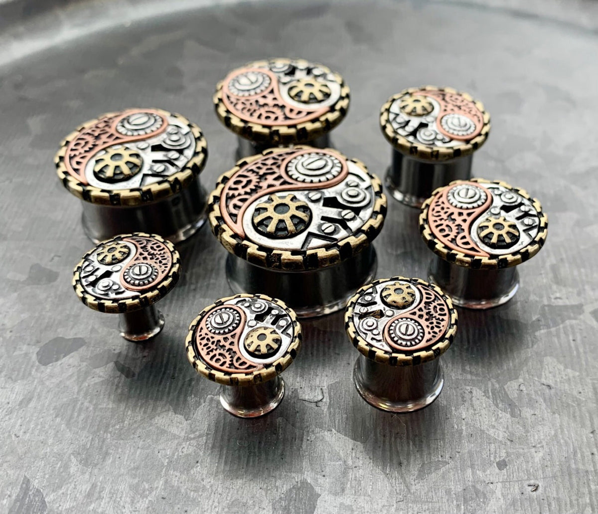 PAIR of Unique Steampunk Yin-Yang Surgical Steel Double Flare Tunnels/Plugs - Gauges 2g (6mm) thru 1" (25mm) available!
