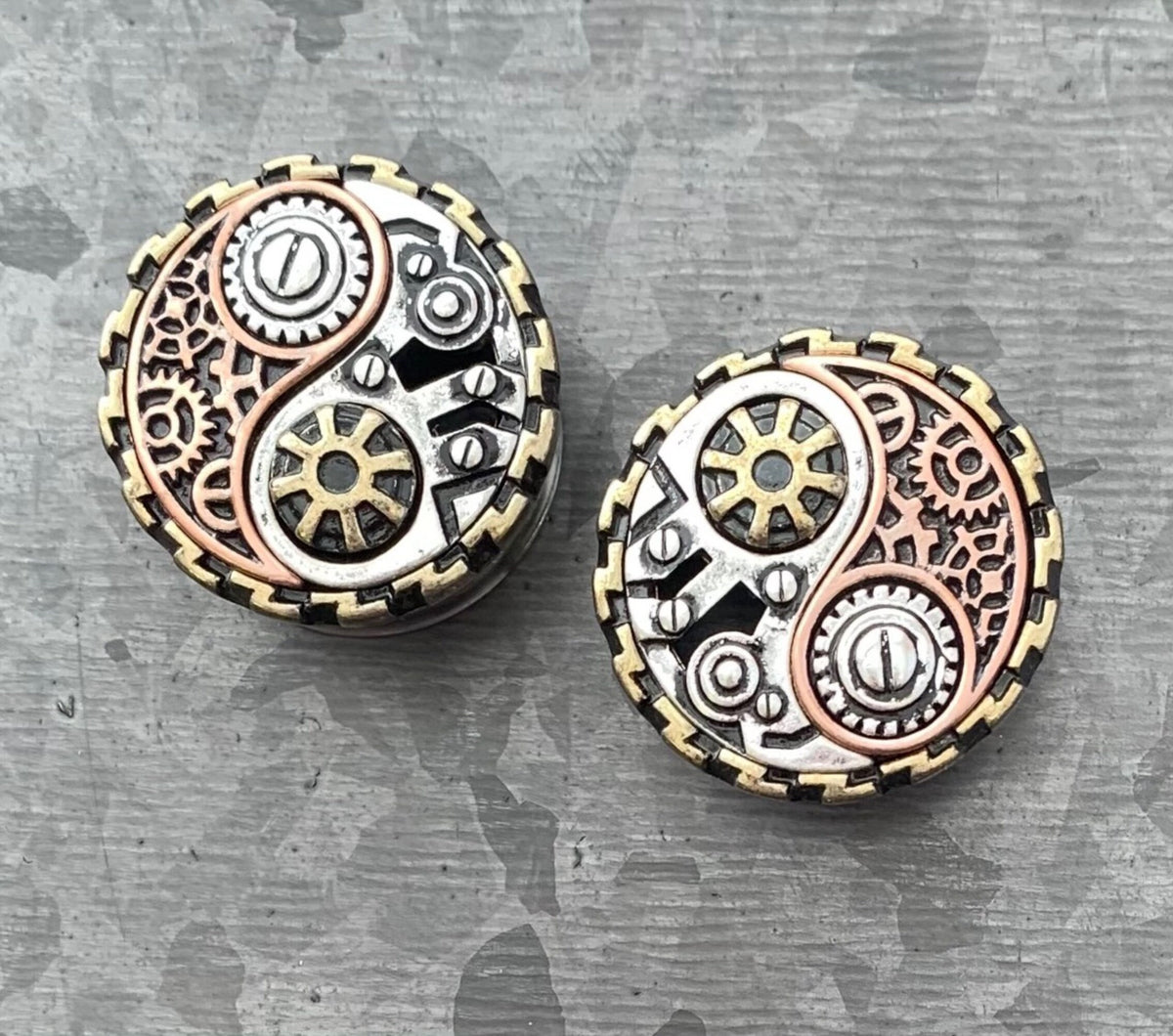 PAIR of Unique Steampunk Yin-Yang Surgical Steel Double Flare Tunnels/Plugs - Gauges 2g (6mm) thru 1" (25mm) available!