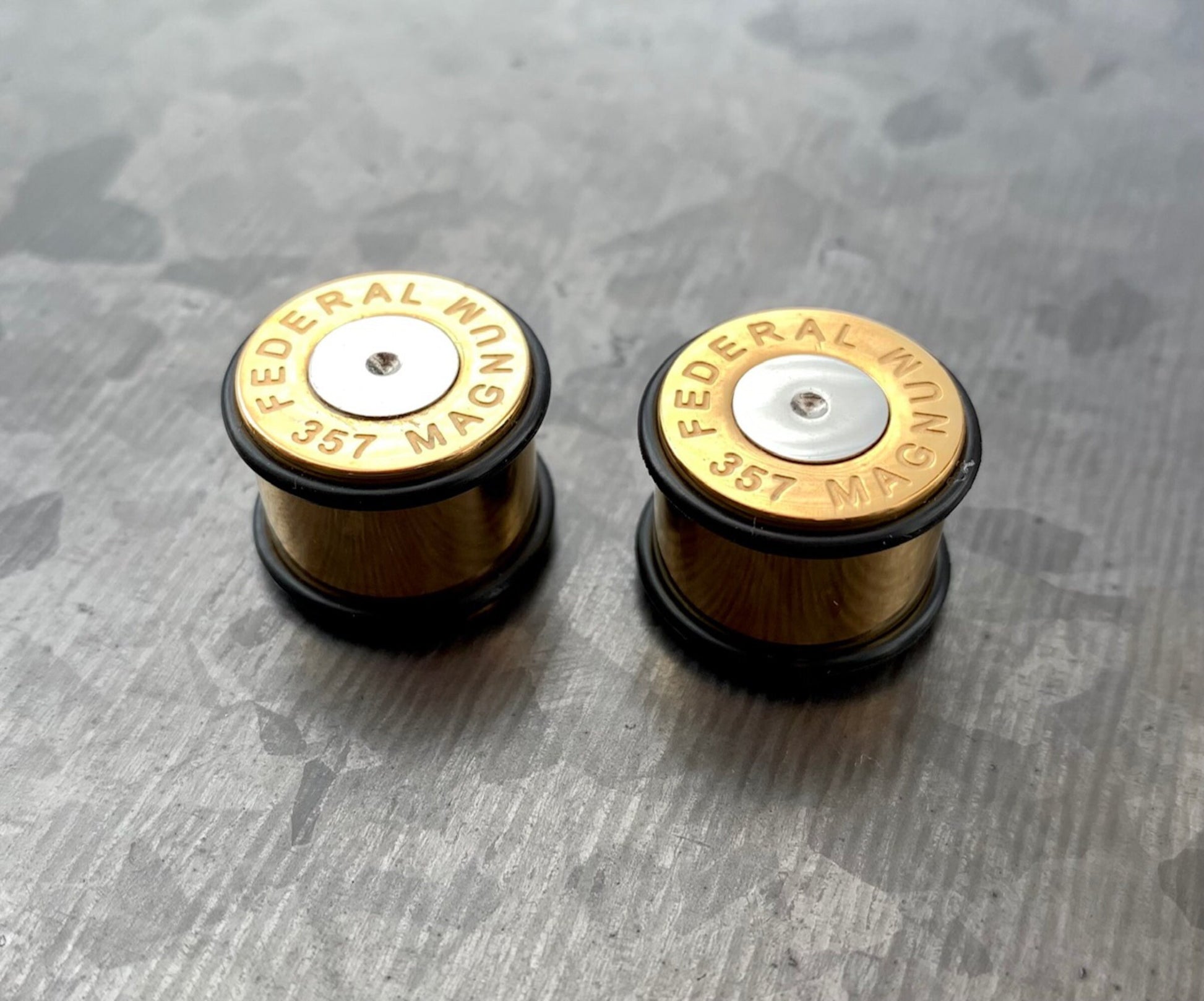 PAIR of Unique Gold Ion Plated 357 Magnum Bullet Plugs/Tunnels with O-Rings - Gauges 2g (6mm) thru 5/8" (16mm) available!