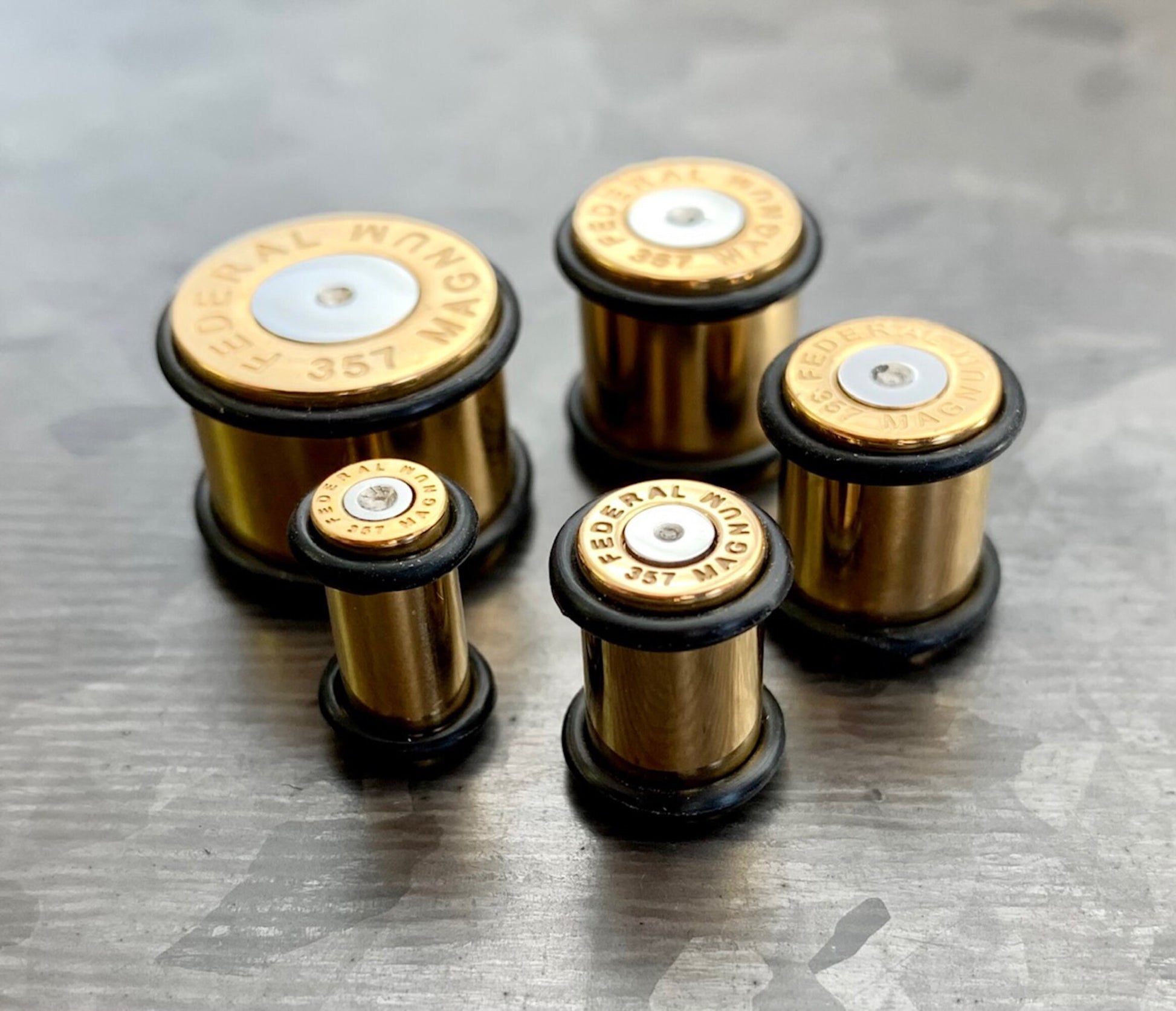 PAIR of Unique Gold Ion Plated 357 Magnum Bullet Plugs/Tunnels with O-Rings - Gauges 2g (6mm) thru 5/8" (16mm) available!