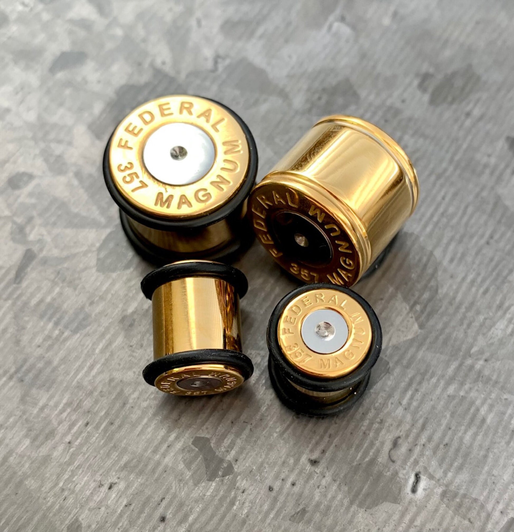 PAIR of Unique Gold Ion Plated 357 Magnum Bullet Plugs/Tunnels with O-Rings - Gauges 2g (6mm) thru 5/8" (16mm) available!