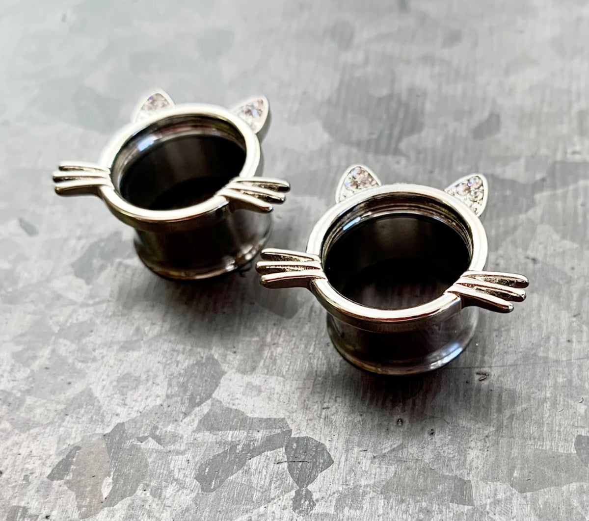 PAIR of Unique Kitty Cat Double Flare Tunnels/Plugs with Gem Ears & Whiskers - Gauges 2g (6mm) thru 5/8" (16mm) available!