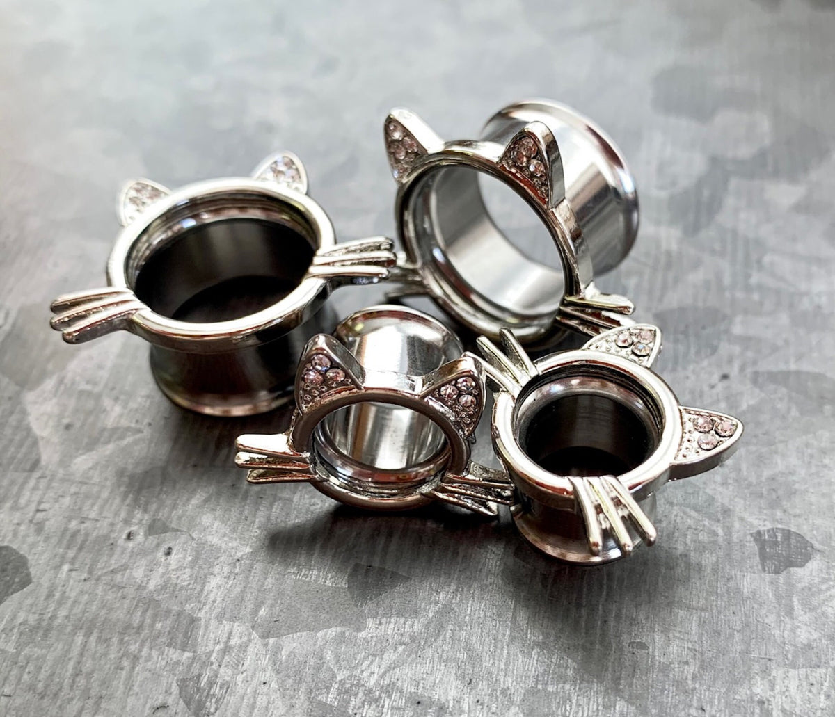 PAIR of Unique Kitty Cat Double Flare Tunnels/Plugs with Gem Ears & Whiskers - Gauges 2g (6mm) thru 5/8" (16mm) available!