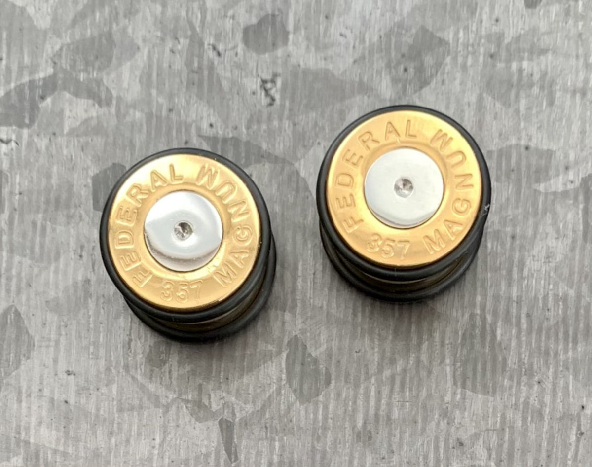 PAIR of Unique Gold Ion Plated 357 Magnum Bullet Plugs/Tunnels with O-Rings - Gauges 2g (6mm) thru 5/8" (16mm) available!