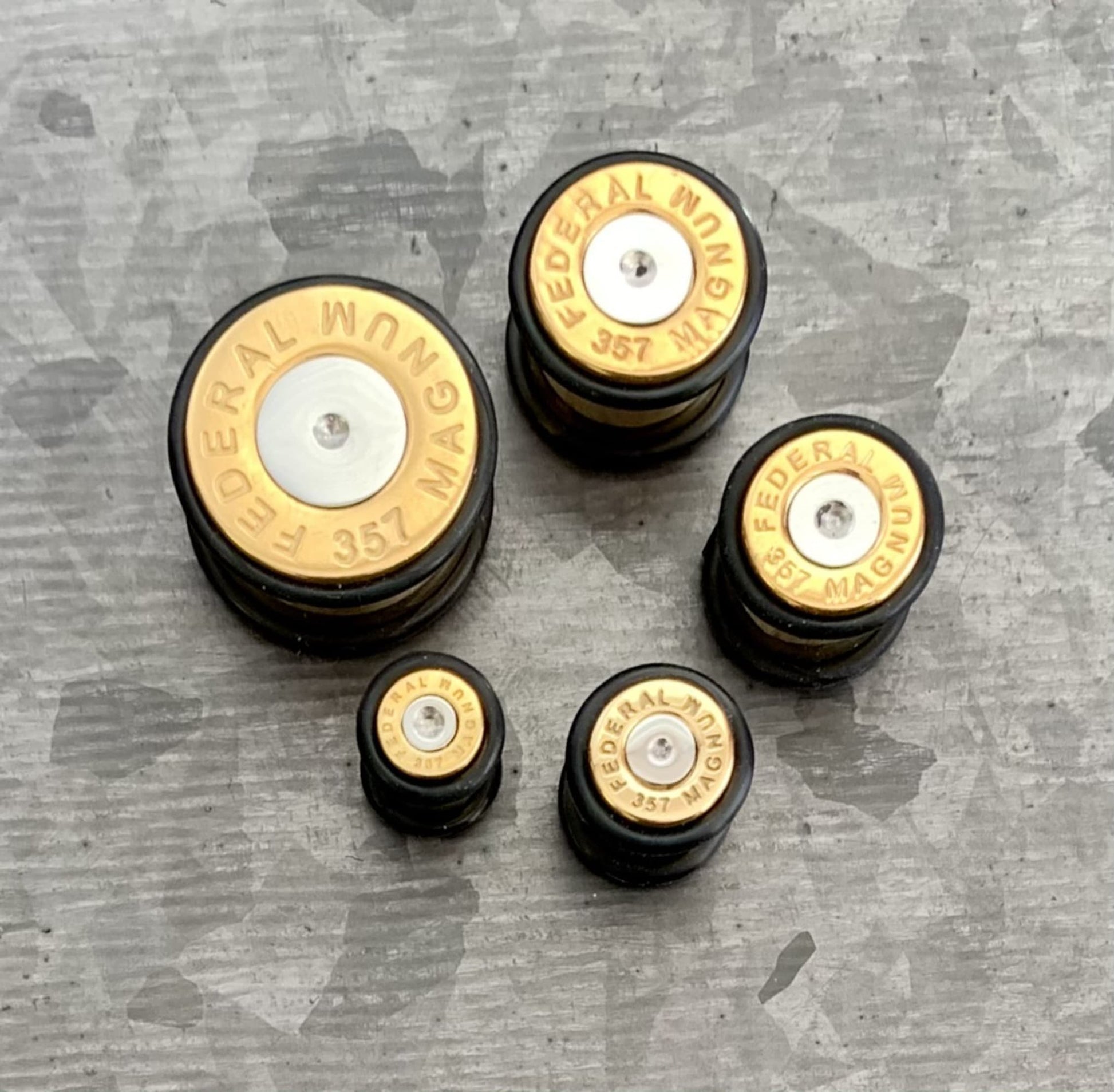PAIR of Unique Gold Ion Plated 357 Magnum Bullet Plugs/Tunnels with O-Rings - Gauges 2g (6mm) thru 5/8" (16mm) available!
