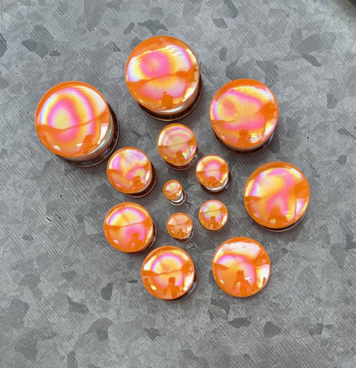 PAIR of Unique Creamsicle Orange Pearl Design Pyrex Glass Double Flare Plugs - Gauges 2g (6mm) through 1&3/16" (30mm) available!