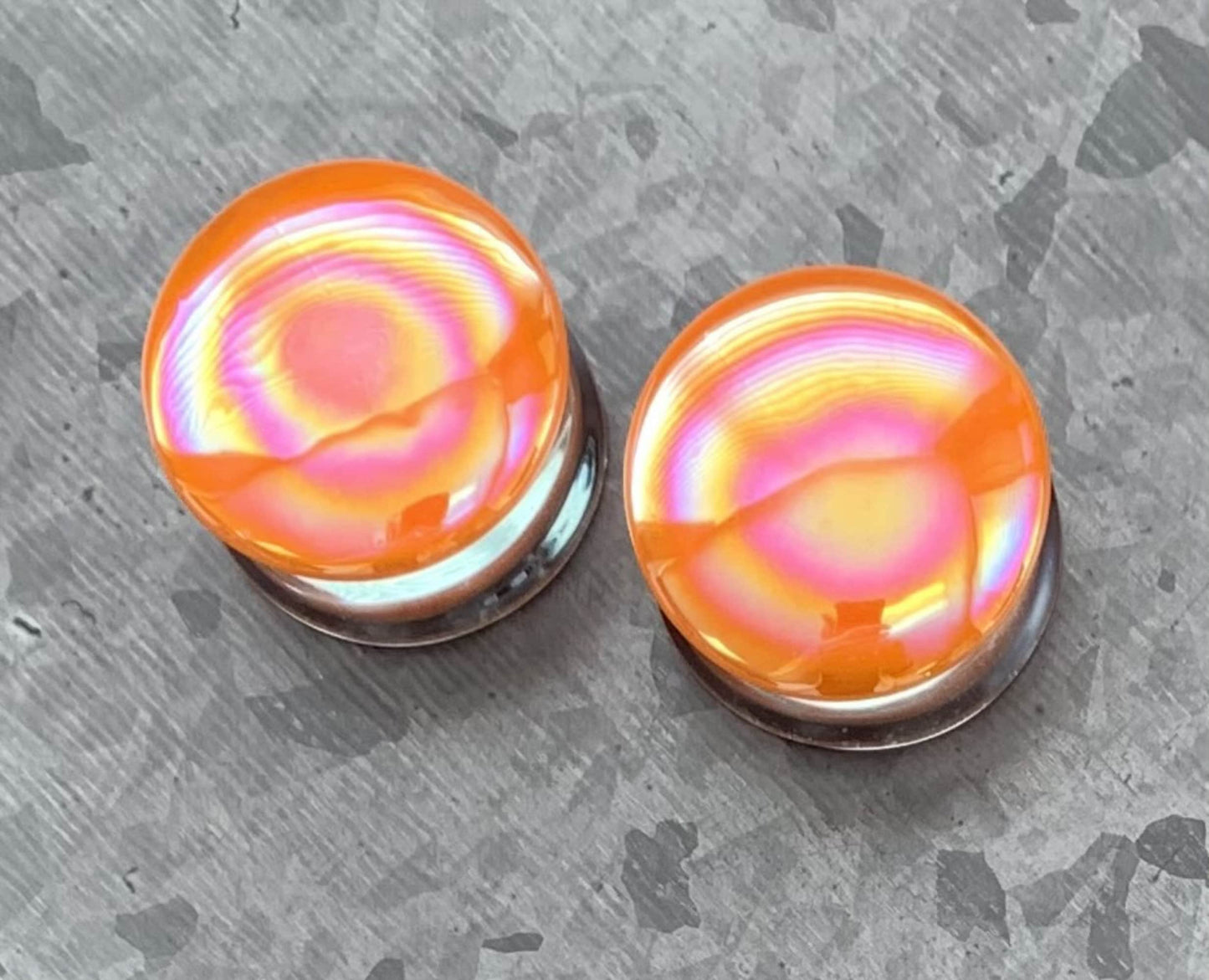 PAIR of Unique Creamsicle Orange Pearl Design Pyrex Glass Double Flare Plugs - Gauges 2g (6mm) through 1&3/16" (30mm) available!