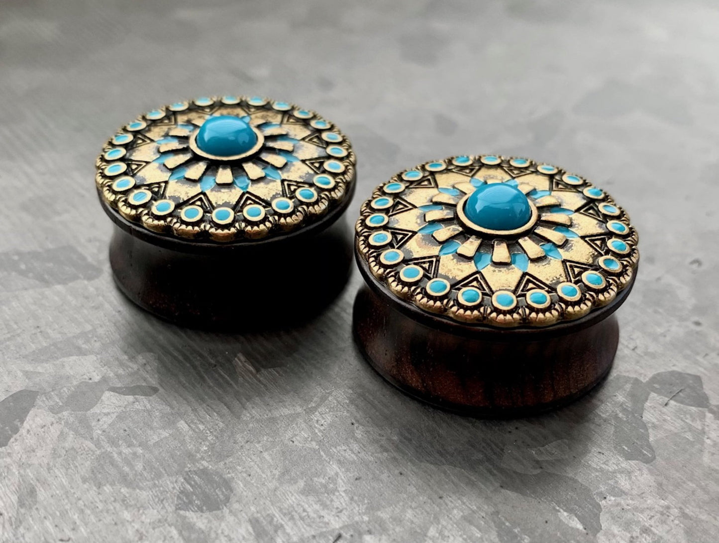 PAIR of Stunning Turquoise Enamel Antique Gold Tribal Sun Ebony Wood Saddle Plugs - Gauges 0g (8mm) up to 1" (25mm) available!