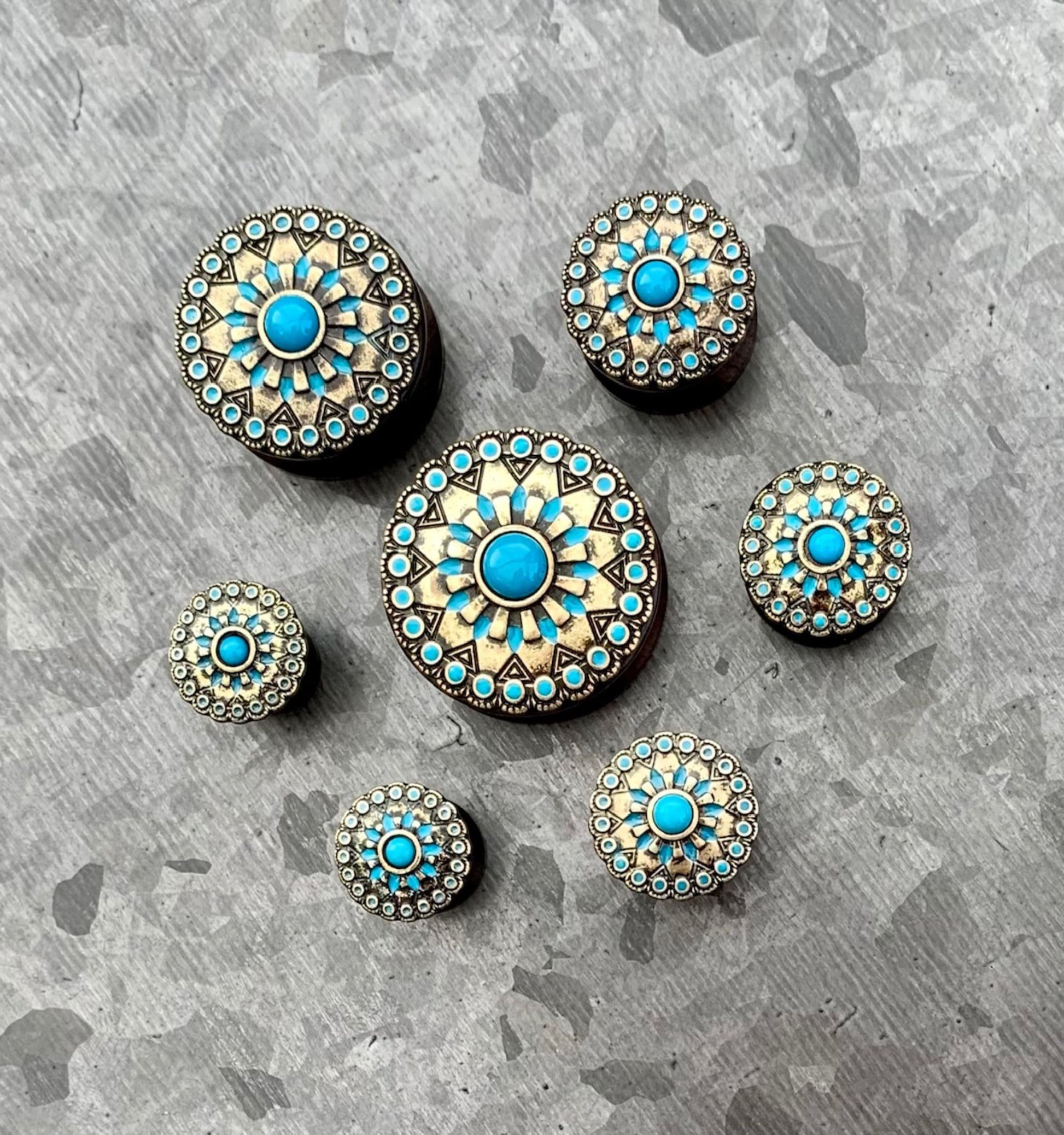 PAIR of Stunning Turquoise Enamel Antique Gold Tribal Sun Ebony Wood Saddle Plugs - Gauges 0g (8mm) up to 1" (25mm) available!