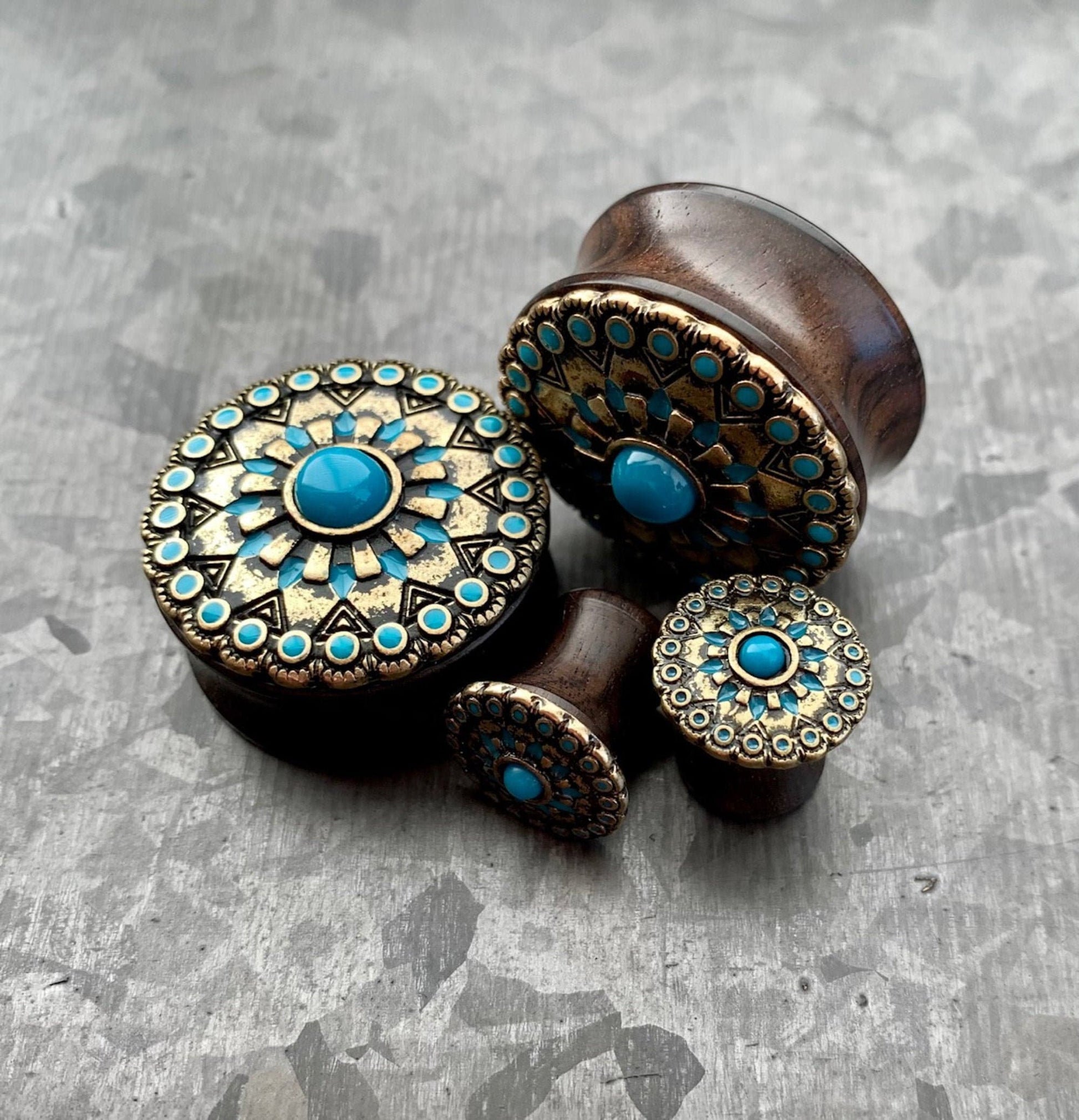 PAIR of Stunning Turquoise Enamel Antique Gold Tribal Sun Ebony Wood Saddle Plugs - Gauges 0g (8mm) up to 1" (25mm) available!