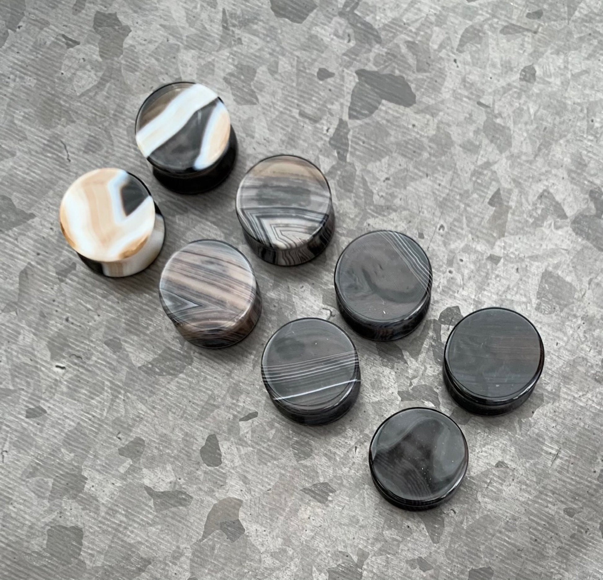 PAIR of Unique Black Striped Agate Organic Double Flare Stone Tunnels- Gauges 2g (6mm) to 13/16" (20mm) available!