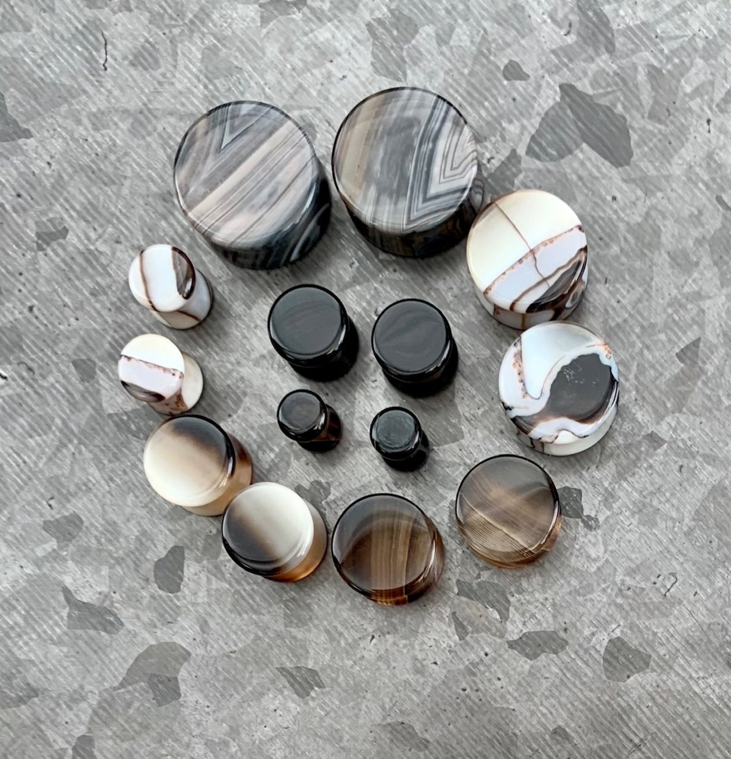 PAIR of Unique Black Striped Agate Organic Double Flare Stone Tunnels- Gauges 2g (6mm) to 13/16" (20mm) available!