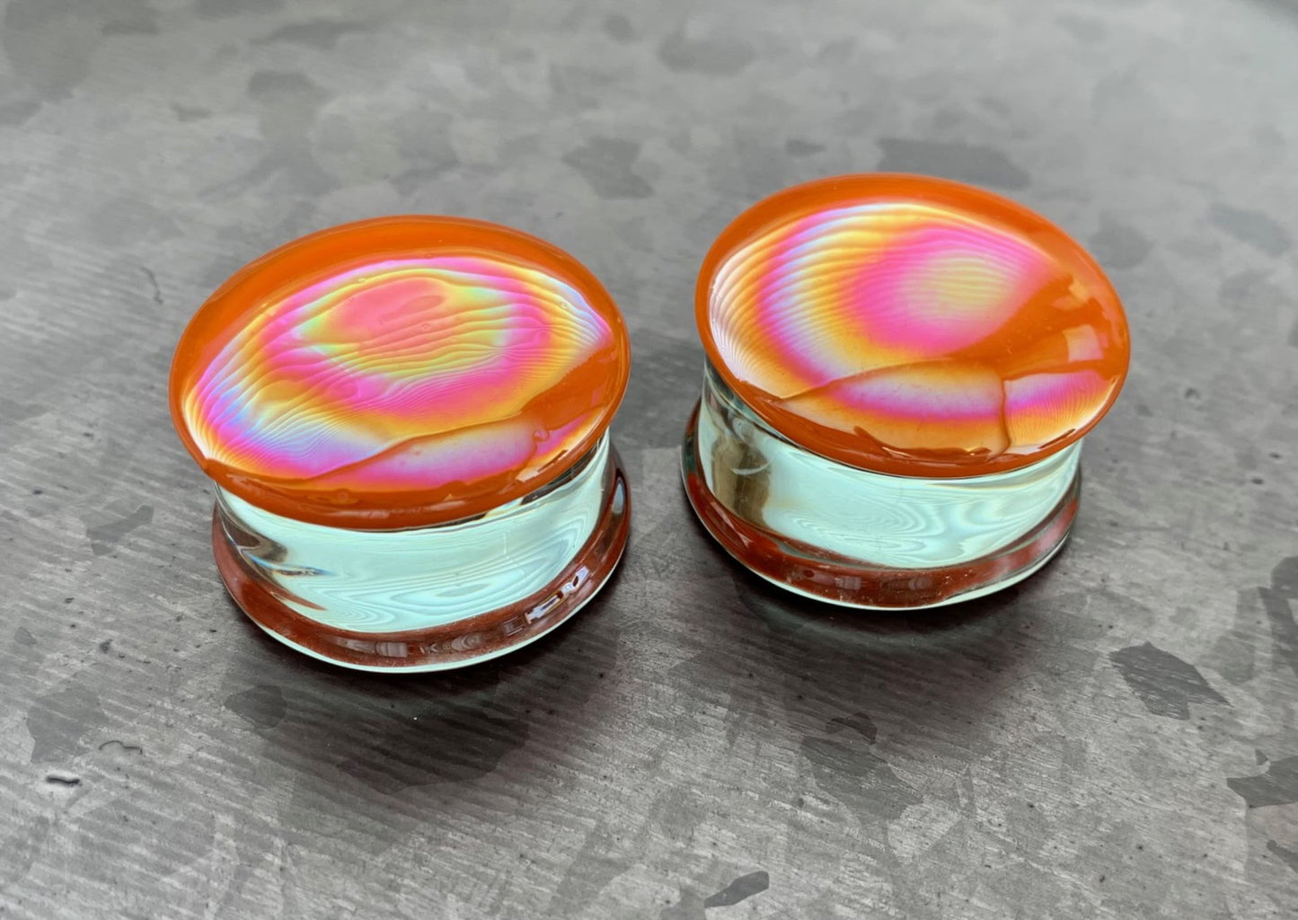 PAIR of Unique Creamsicle Orange Pearl Design Pyrex Glass Double Flare Plugs - Gauges 2g (6mm) through 1&3/16" (30mm) available!