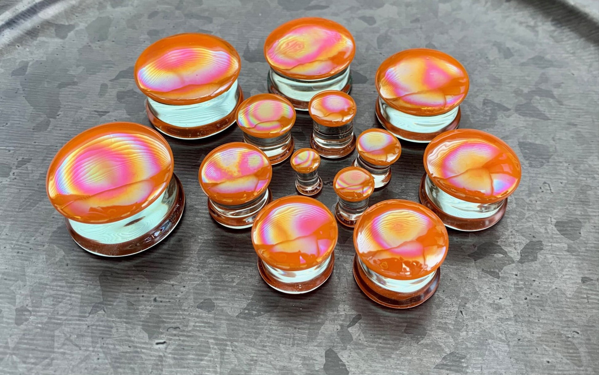 PAIR of Unique Creamsicle Orange Pearl Design Pyrex Glass Double Flare Plugs - Gauges 2g (6mm) through 1&3/16" (30mm) available!