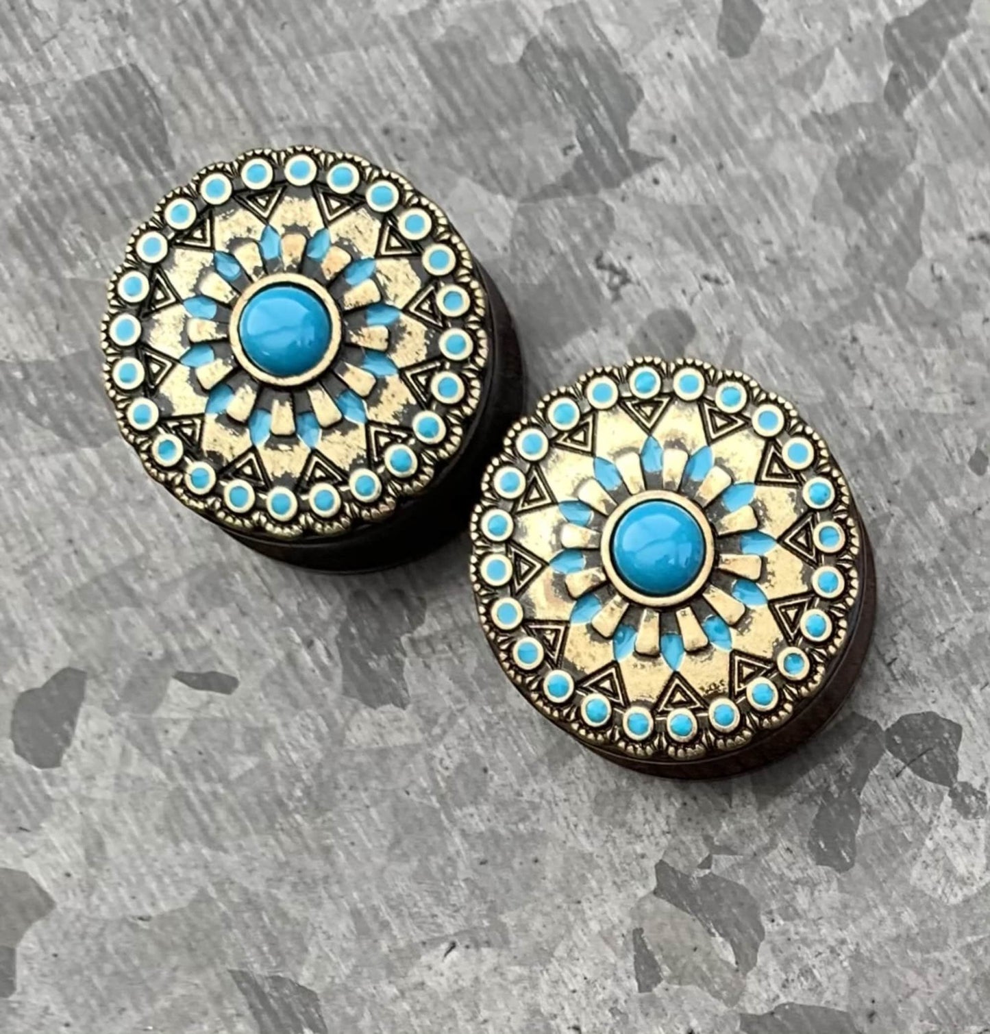 PAIR of Stunning Turquoise Enamel Antique Gold Tribal Sun Ebony Wood Saddle Plugs - Gauges 0g (8mm) up to 1" (25mm) available!