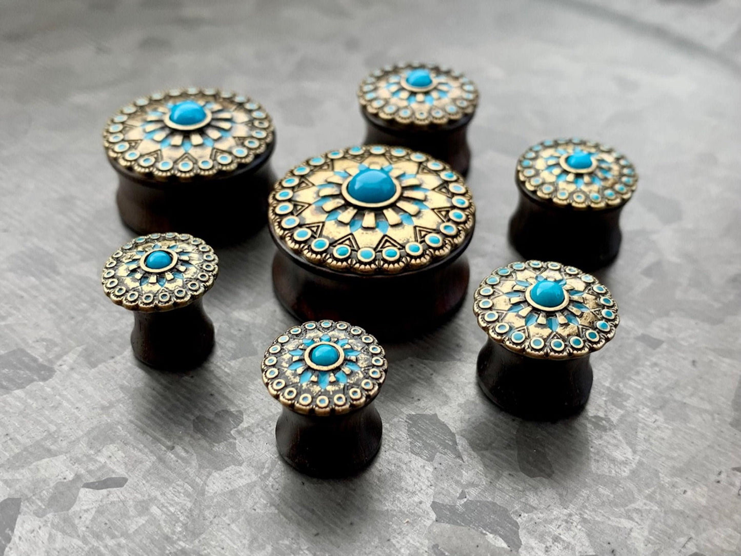 PAIR of Stunning Turquoise Enamel Antique Gold Tribal Sun Ebony Wood Saddle Plugs - Gauges 0g (8mm) up to 1" (25mm) available!