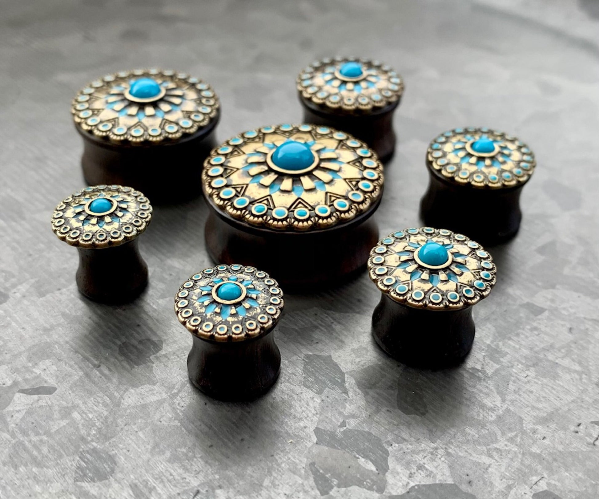 PAIR of Stunning Turquoise Enamel Antique Gold Tribal Sun Ebony Wood Saddle Plugs - Gauges 0g (8mm) up to 1" (25mm) available!