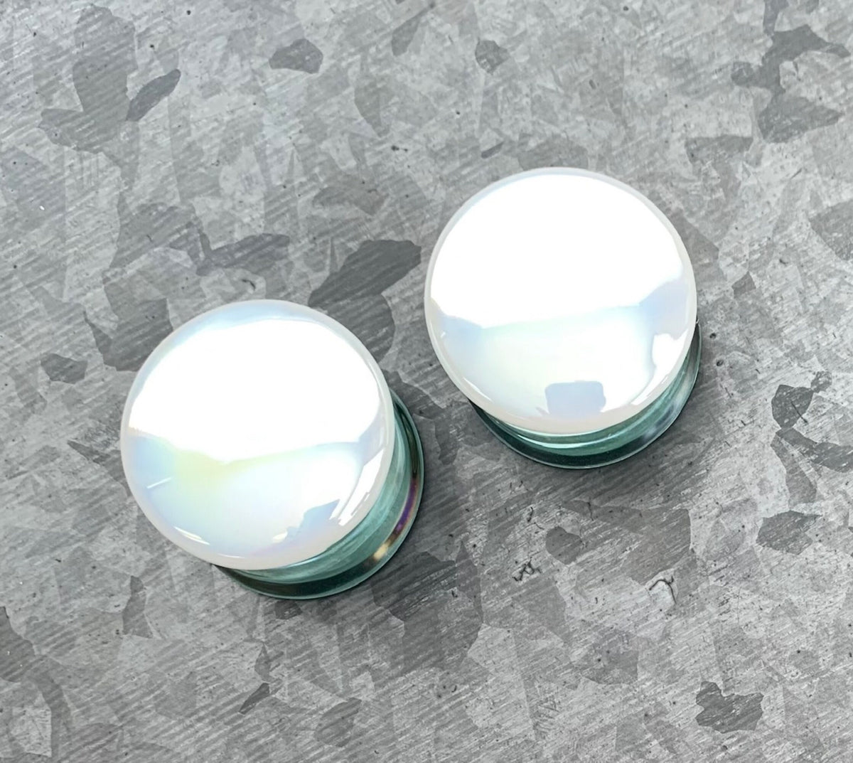 PAIR of Unique White Pearl Design Pyrex Glass Double Flare Plugs - Gauges 12mm through 1&3/16" (30mm) available!