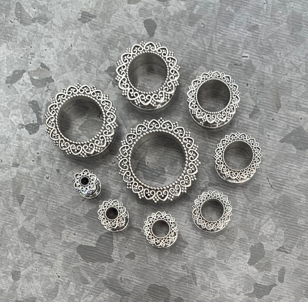 PAIR of Unique Tribal Heart Filigree Screw Fit Stainless Steel Tunnels - Gauges 2g (6mm) thru 1" (25mm) available!