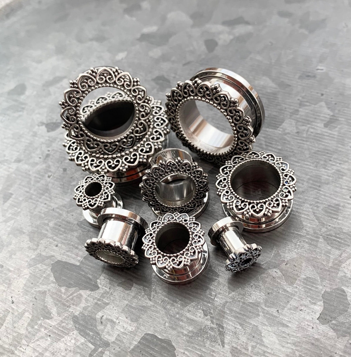PAIR of Unique Tribal Heart Filigree Screw Fit Stainless Steel Tunnels - Gauges 2g (6mm) thru 1" (25mm) available!