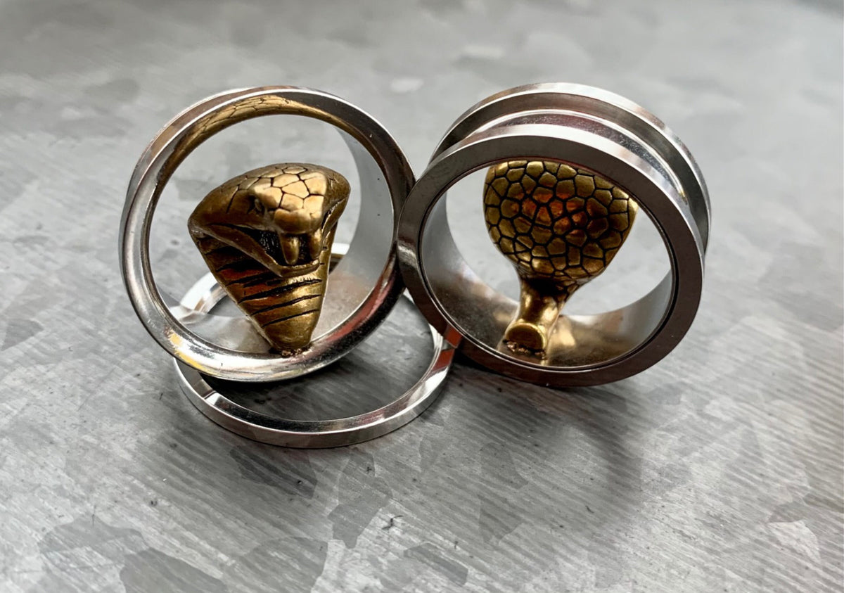 PAIR of Unique Gold Cobra Surgical Steel Screw Fit Tunnels/Plugs - Gauges 00g (10mm) up to 1" (25mm) available!