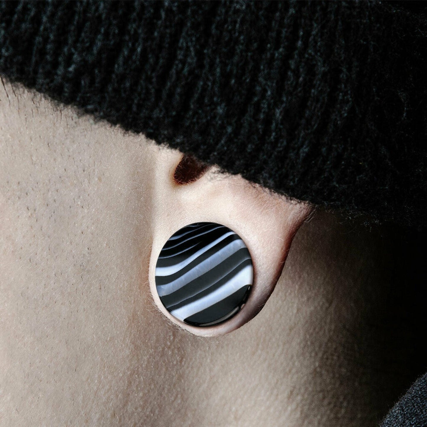 PAIR of Beautiful Black Striped Agate Organic Double Flare Stone Tunnels - Gauges 2g (6mm) to 1" (25mm) available!