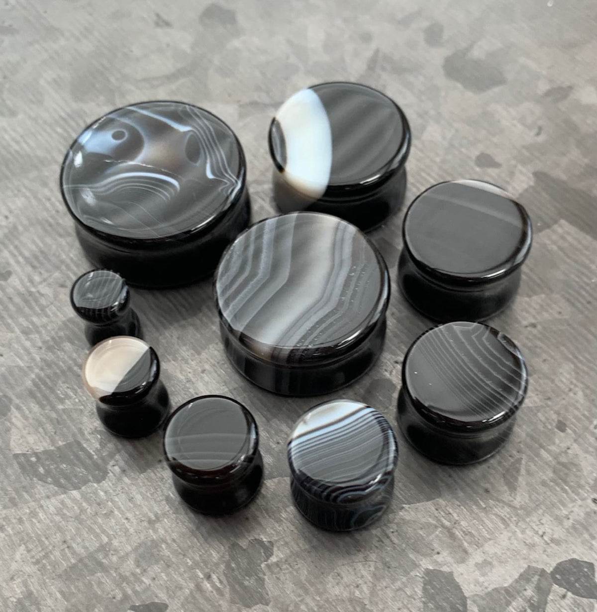 PAIR of Beautiful Black Striped Agate Organic Double Flare Stone Tunnels - Gauges 2g (6mm) to 1" (25mm) available!