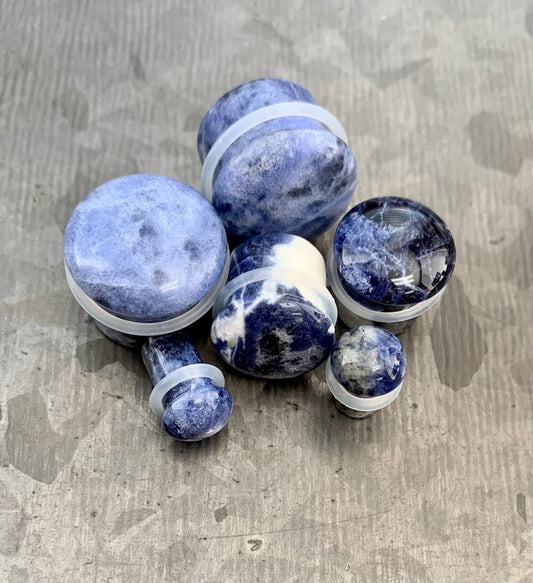 PAIR of Beautiful Organic Sodalite Single Flare Plugs with O-Rings - Gauges 6g (4mm) up to 5/8" (16mm) available!