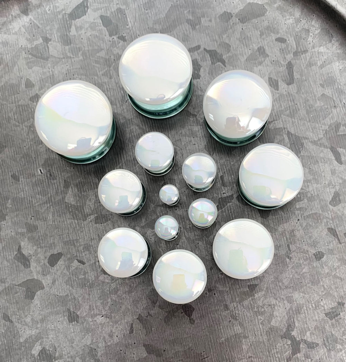 PAIR of Unique White Pearl Design Pyrex Glass Double Flare Plugs - Gauges 12mm through 1&3/16" (30mm) available!