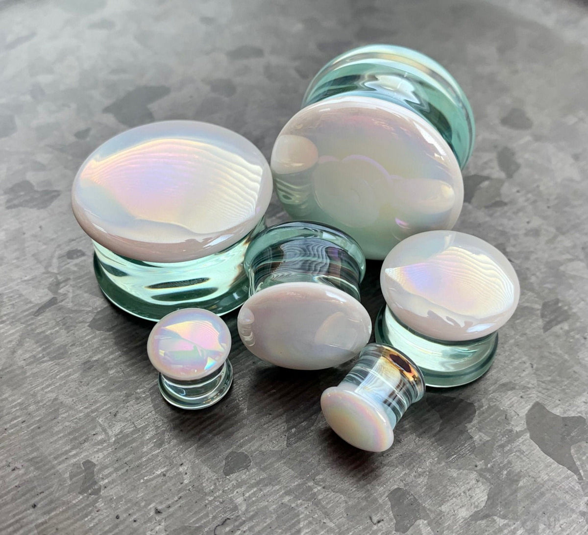 PAIR of Unique White Pearl Design Pyrex Glass Double Flare Plugs - Gauges 12mm through 1&3/16" (30mm) available!