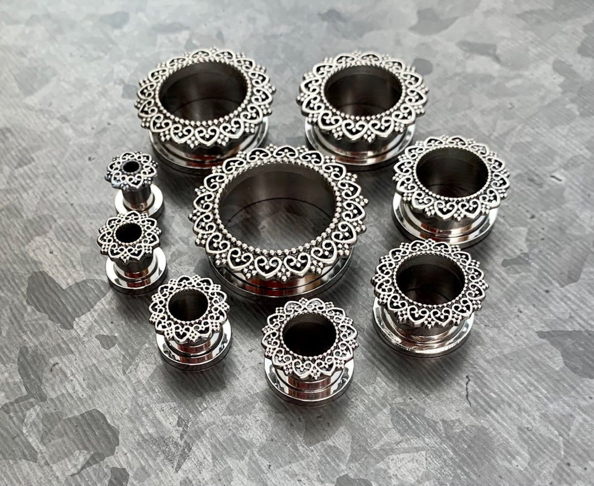 PAIR of Unique Tribal Heart Filigree Screw Fit Stainless Steel Tunnels - Gauges 2g (6mm) thru 1" (25mm) available!
