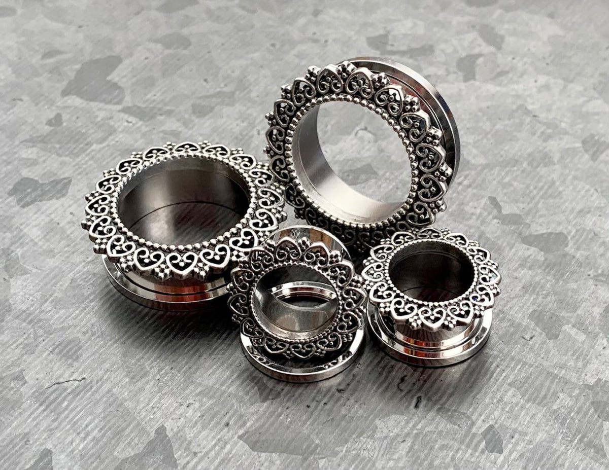 PAIR of Unique Tribal Heart Filigree Screw Fit Stainless Steel Tunnels - Gauges 2g (6mm) thru 1" (25mm) available!