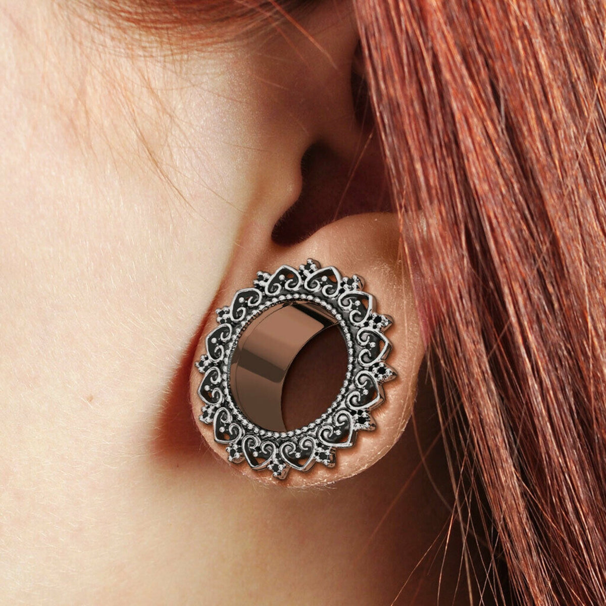 PAIR of Unique Tribal Heart Filigree Screw Fit Stainless Steel Tunnels - Gauges 2g (6mm) thru 1" (25mm) available!