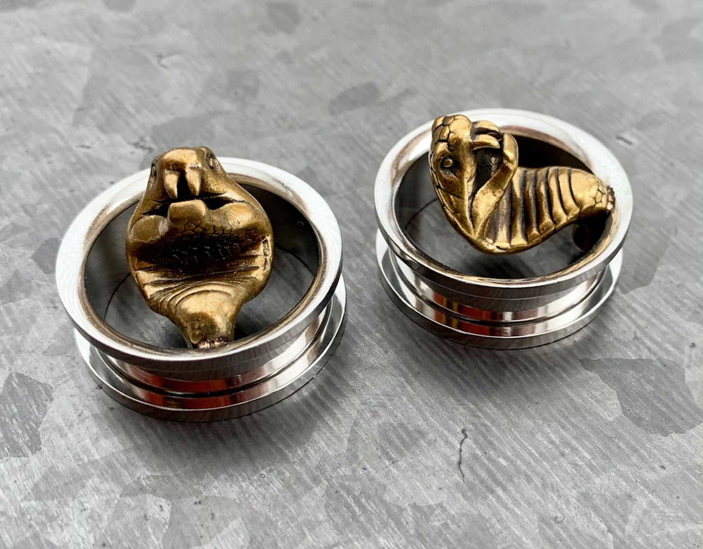 PAIR of Unique Gold Cobra Surgical Steel Screw Fit Tunnels/Plugs - Gauges 00g (10mm) up to 1" (25mm) available!