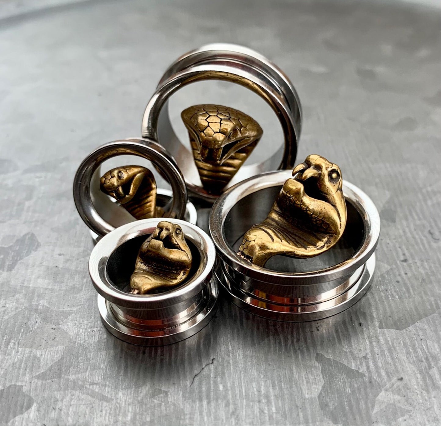 PAIR of Unique Gold Cobra Surgical Steel Screw Fit Tunnels/Plugs - Gauges 00g (10mm) up to 1" (25mm) available!