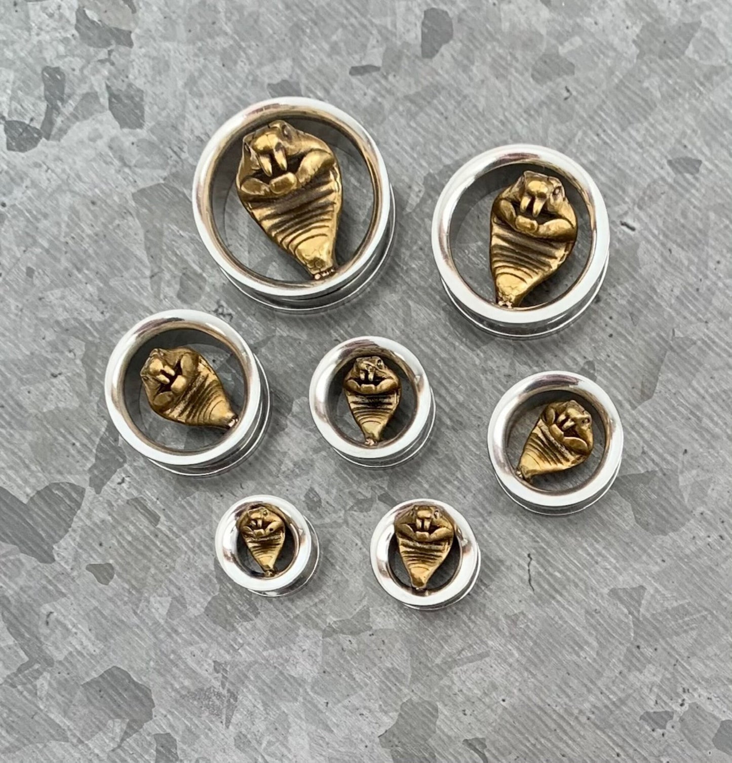 PAIR of Unique Gold Cobra Surgical Steel Screw Fit Tunnels/Plugs - Gauges 00g (10mm) up to 1" (25mm) available!