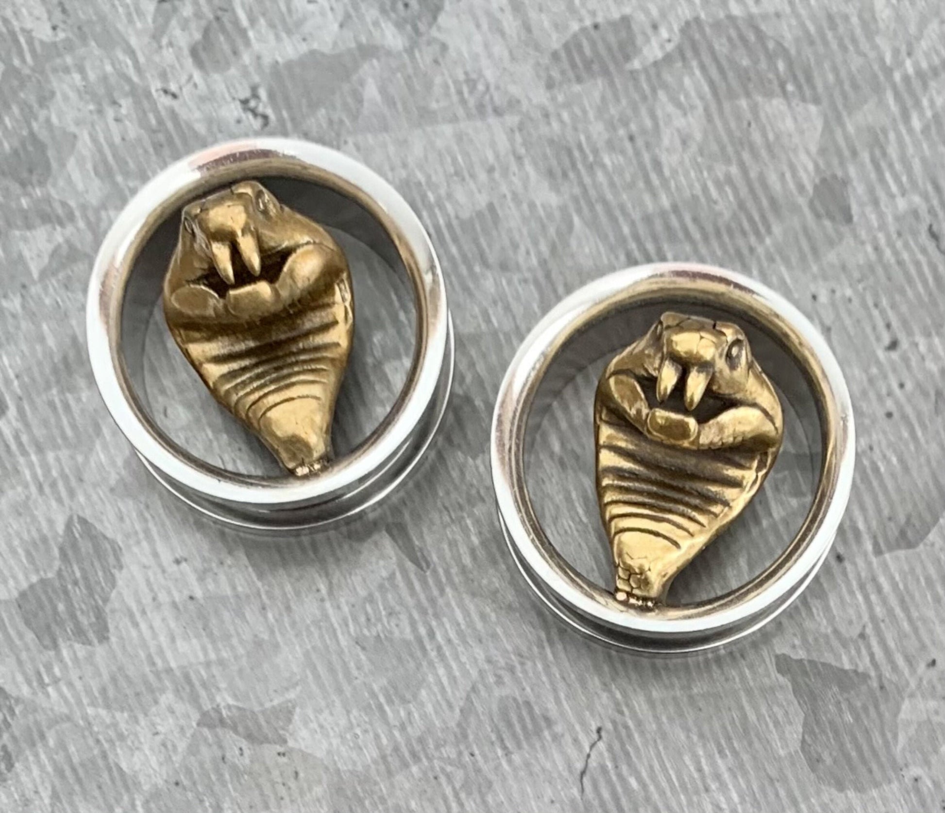 PAIR of Unique Gold Cobra Surgical Steel Screw Fit Tunnels/Plugs - Gauges 00g (10mm) up to 1" (25mm) available!