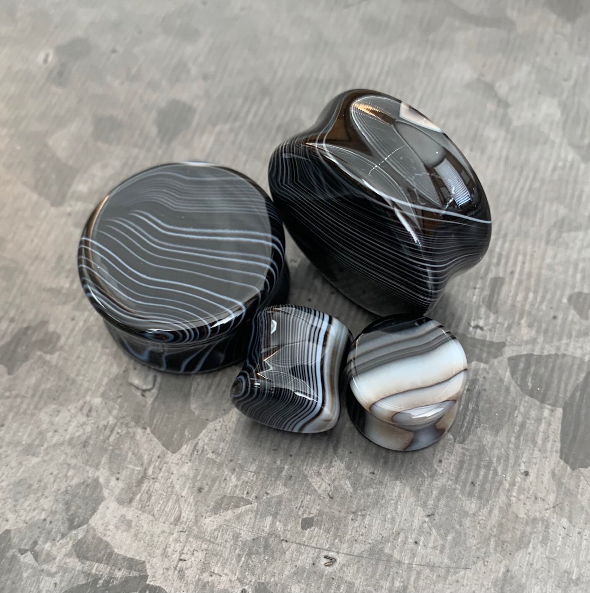 PAIR of Beautiful Black Striped Agate Organic Double Flare Stone Tunnels - Gauges 2g (6mm) to 1" (25mm) available!