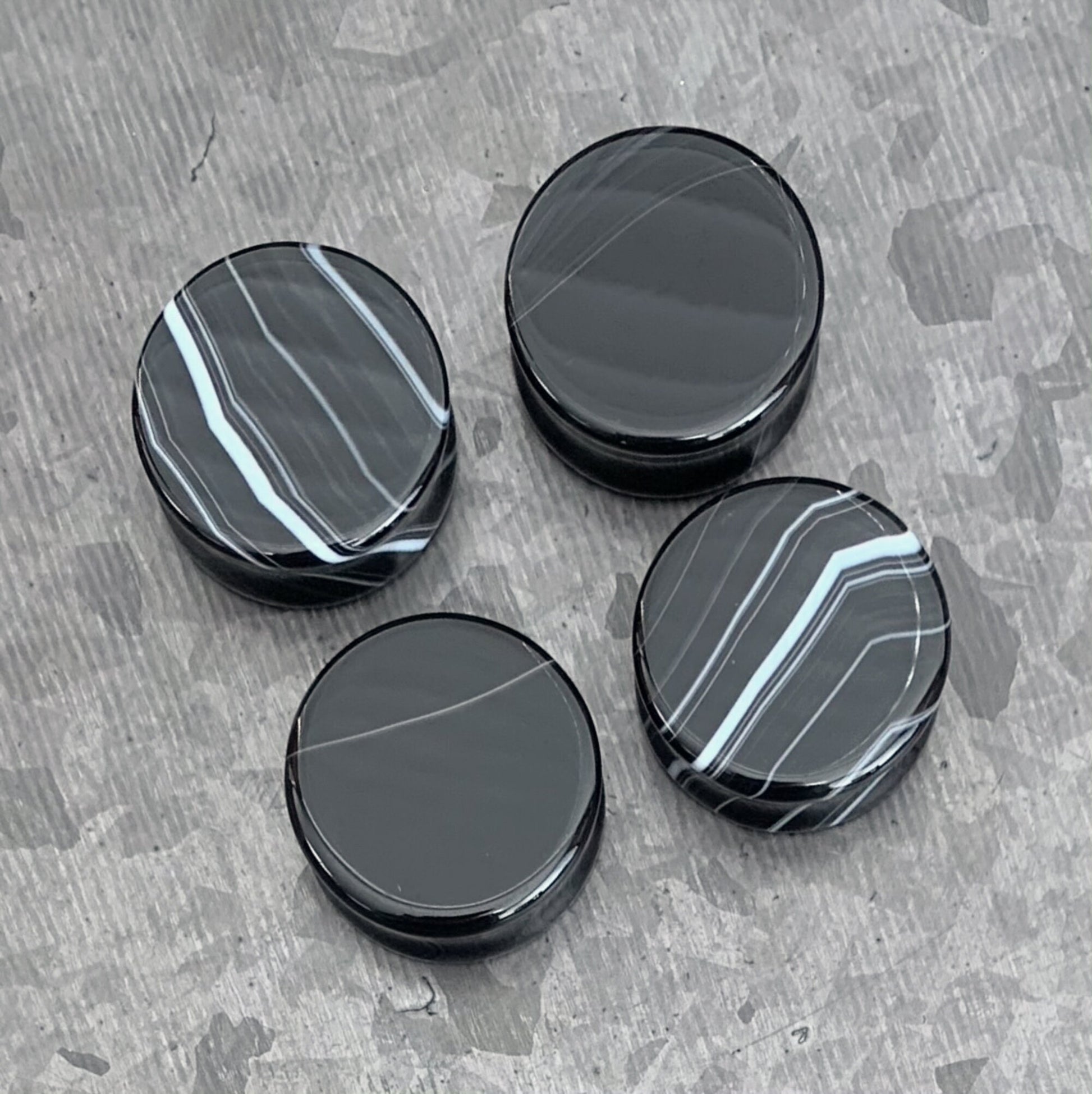 PAIR of Beautiful Black Striped Agate Organic Double Flare Stone Tunnels - Gauges 2g (6mm) to 1" (25mm) available!