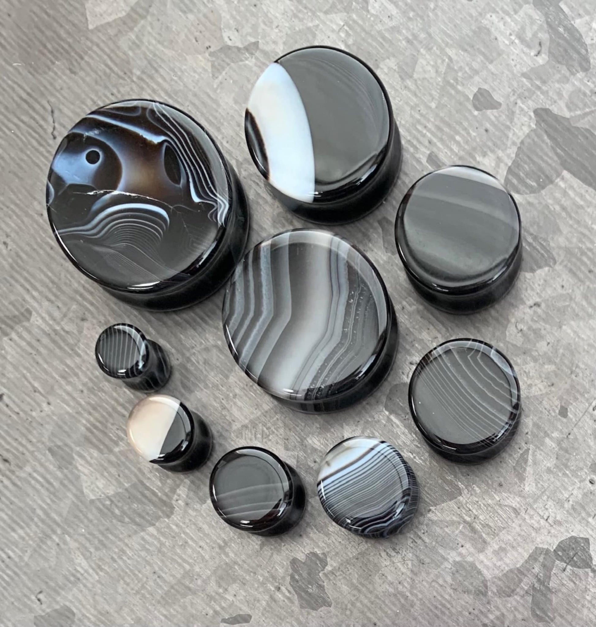 PAIR of Beautiful Black Striped Agate Organic Double Flare Stone Tunnels - Gauges 2g (6mm) to 1" (25mm) available!