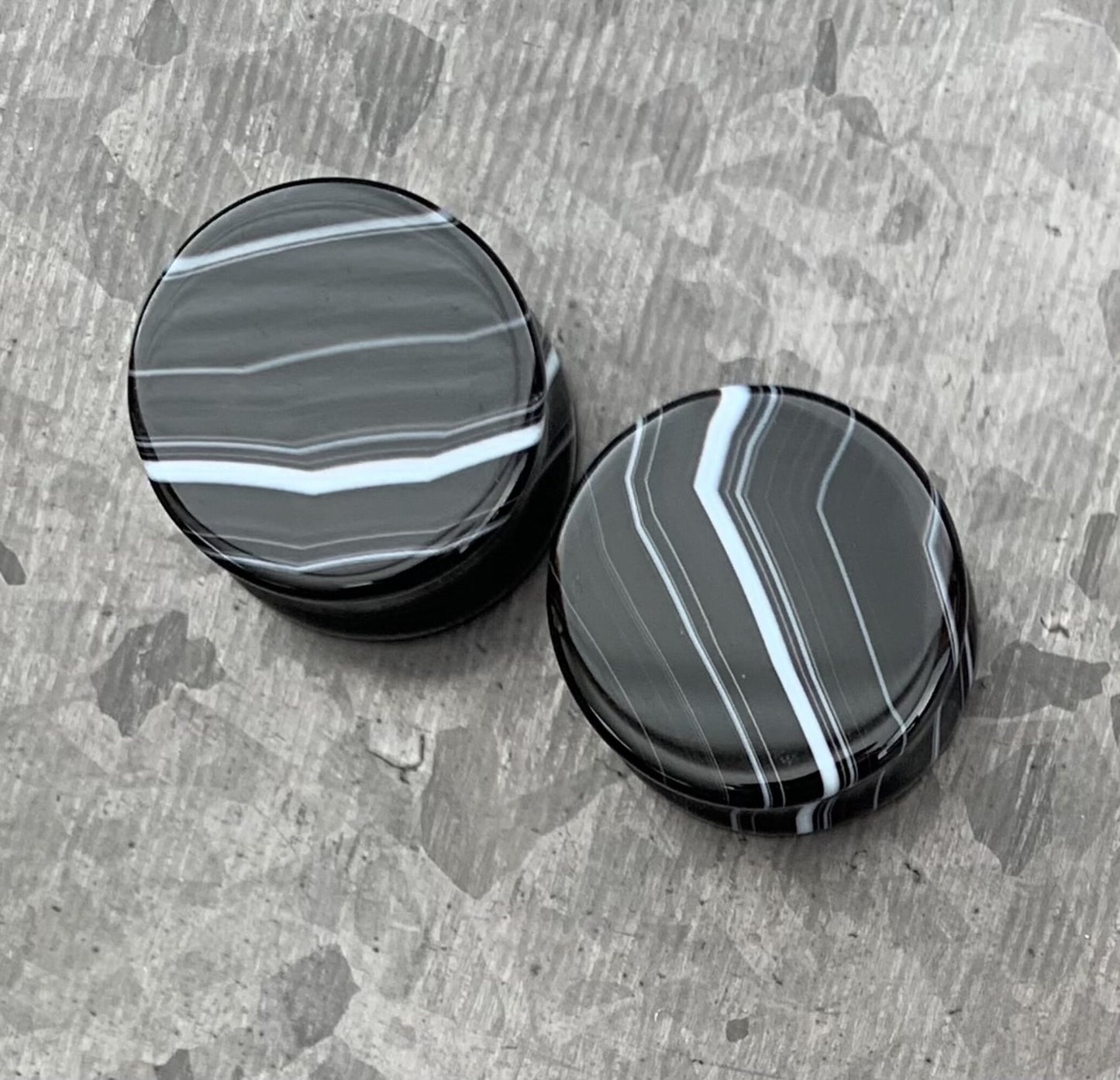 PAIR of Beautiful Black Striped Agate Organic Double Flare Stone Tunnels - Gauges 2g (6mm) to 1" (25mm) available!