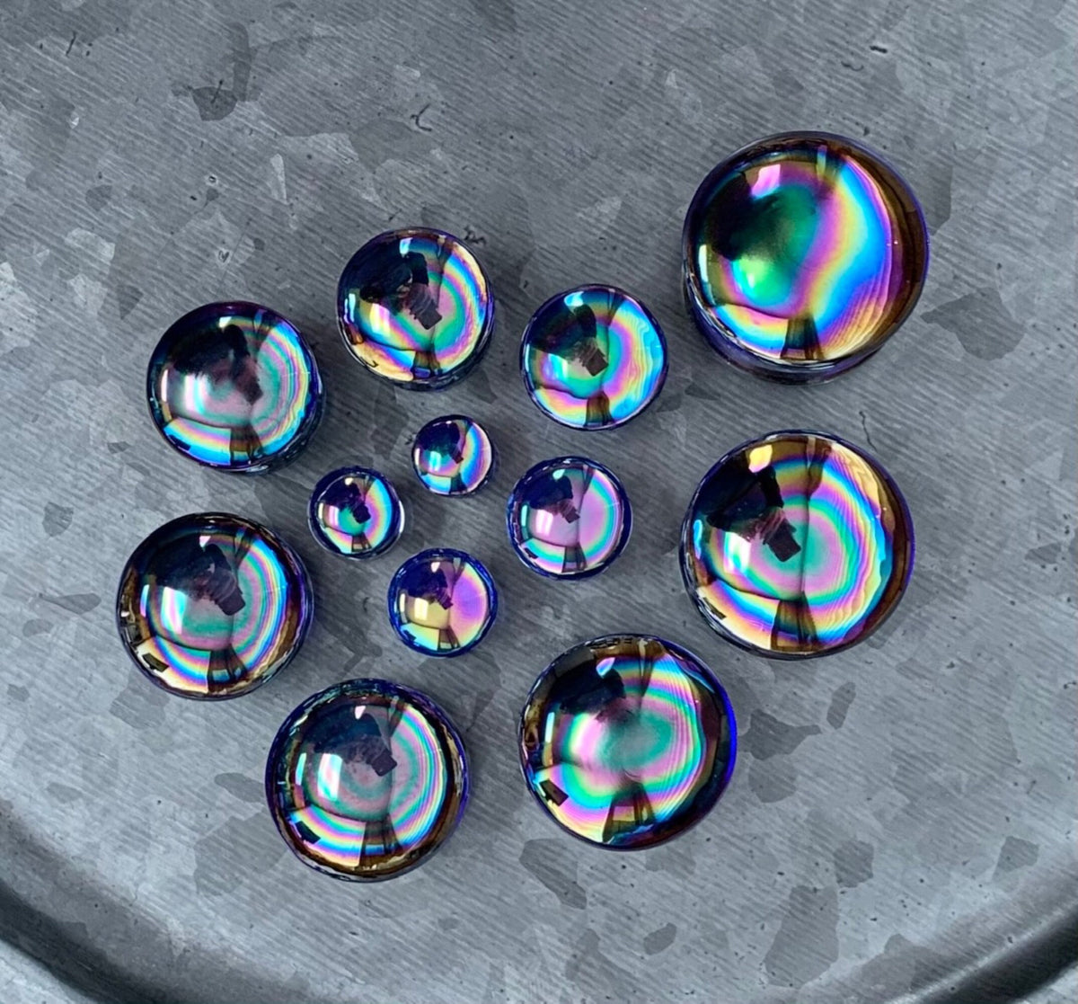 PAIR of Stunning Oil Slick Design Pyrex Glass Double Flare Plugs - Gauges 1/2" (12mm) through 1&3/16" (30mm) available!