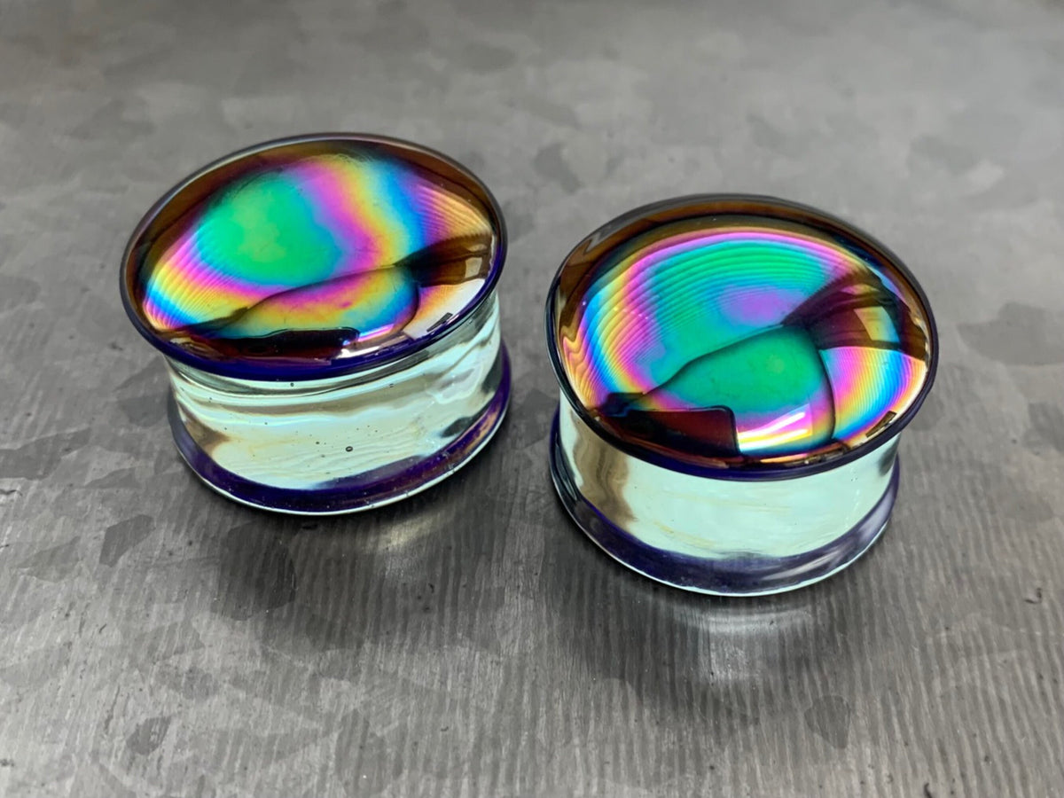 PAIR of Stunning Oil Slick Design Pyrex Glass Double Flare Plugs - Gauges 1/2" (12mm) through 1&3/16" (30mm) available!